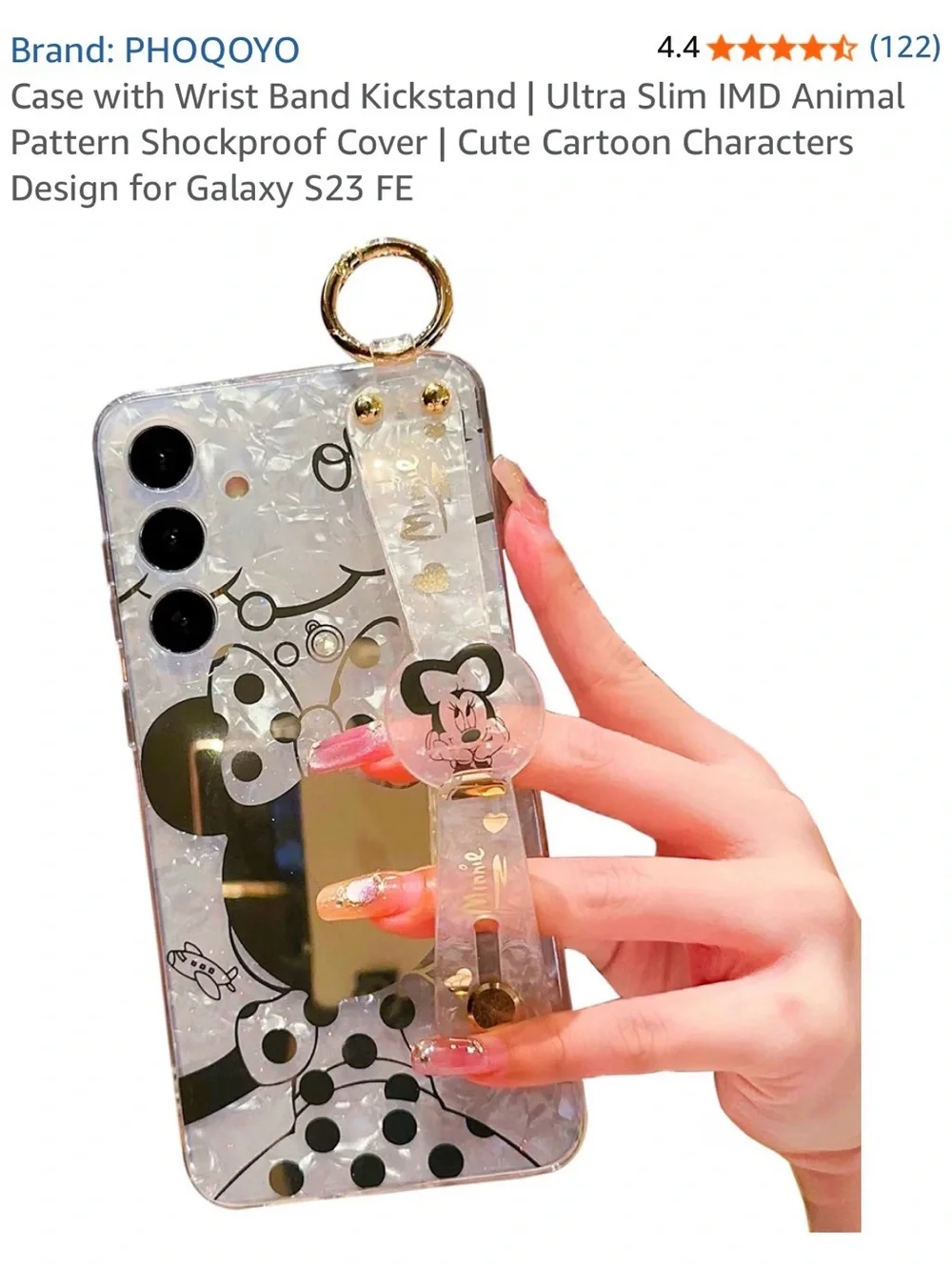 Clear Minnie Mouse Phone Case with Ring Strap - White/Gold Galaxy S23 FE NEW